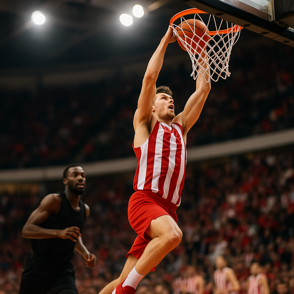 Olympiacos vs Monaco playoff opener fast-break dunk amid roaring Piraeus crowd