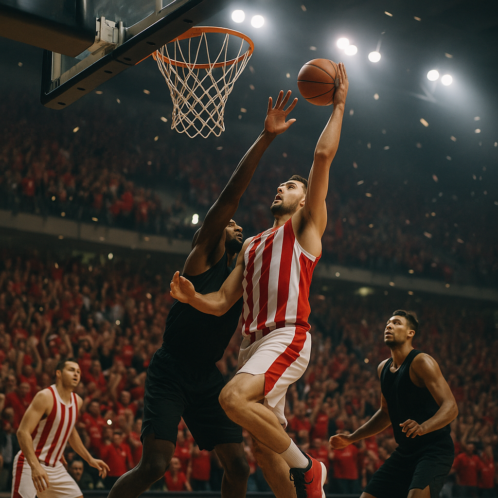 Olympiacos dominates Monaco 91-70 in Piraeus, intense EuroLeague playoff action.